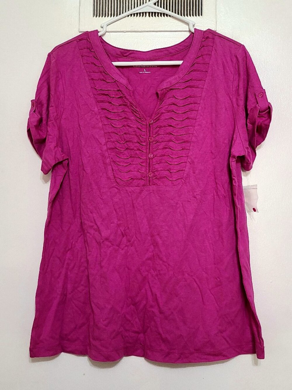 Magenta Button‑Sleeve Short Sleeve Blouse